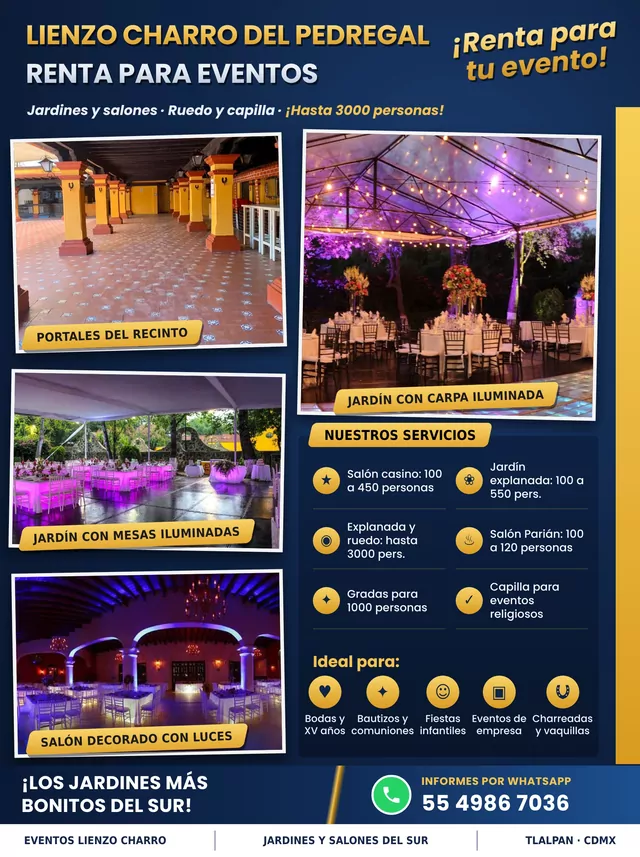 Anuncio Lienzo Charro del Pedregal: portales del recinto, jardín con carpa iluminada y salón decorado con luces