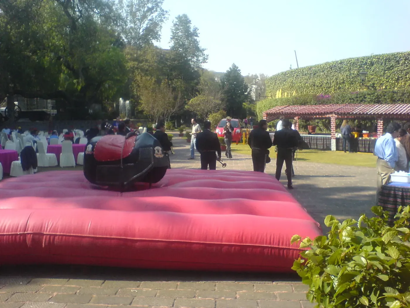 Toro mecanico sobre colchon rojo en jardin de eventos