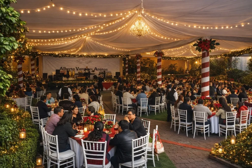 Cena de posada empresarial en jardín con carpa iluminada, Lienzo Charro Constituyentes